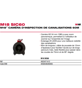 M18 SIC60-0 - Caméra d’inspection de canalisations 60 m, tête Ø34mm, 18V, sans batterie