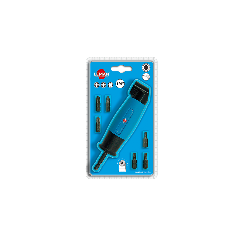 Renvoi D'Angle 90° Pour Visseuse + 6 Embouts Ph2 - Pz1 - Pz2 - T15 - T20 - T25 ref 56007 Leman