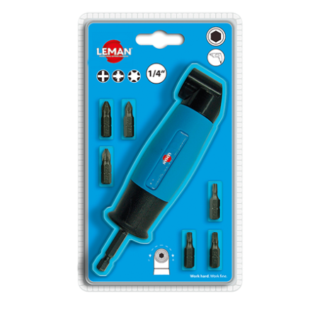 Renvoi D'Angle 90° Pour Visseuse + 6 Embouts Ph2 - Pz1 - Pz2 - T15 - T20 - T25 ref 56007 Leman