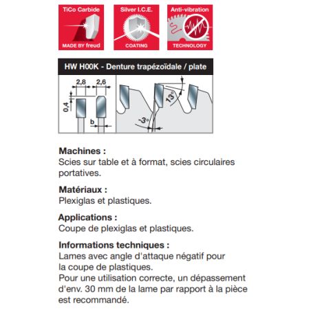 Lame à faible épaisseur trapèze plate pour plastiques D178 1,5/1 AL25,4 Z80 TP+