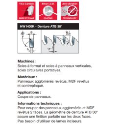 Lame alternée à denture aïgue pour panneaux revêtus D300 3,2/2,2 AL30 Z96 BA 38°