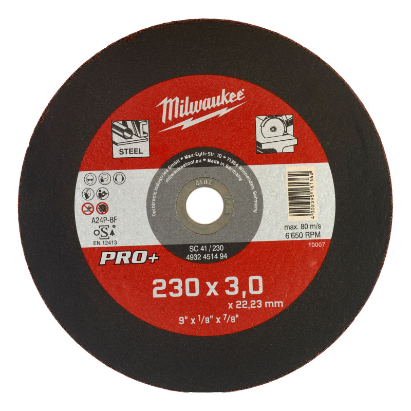 Disque À Tronçonner Pro+ 230 Mm Épaisseur 3 Mm Droits Pro+ (X1) 4932451494 Milwaukee Disque À Tronçonner Pro+ 230 Mm Épaisseur 3 Mm Droits Pro+ (X1) 4932451494 Milwaukee