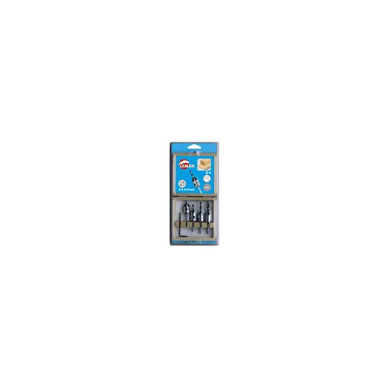 Coffret 4 Forets A Bois Helicoidaux + 4 Fraisoirs Acier ref 203.500.04 Leman