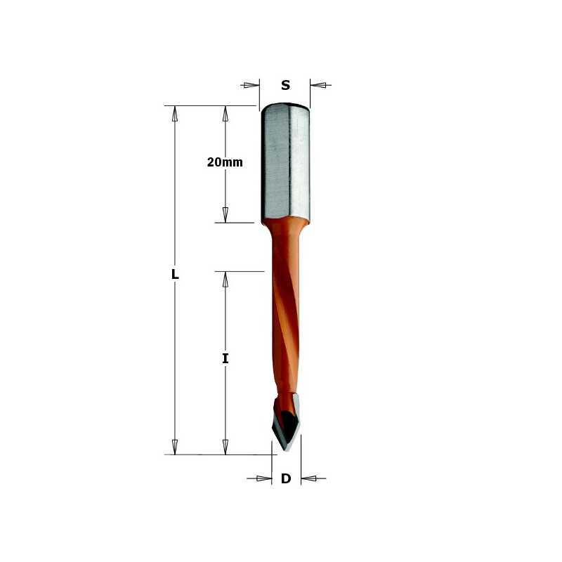 Mèches pour perceuses multi-broches pour trous débouchants - D : 7 - l : 43 - L : 70 - S : 8x20 - Rotation : DROITE