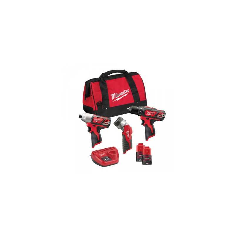 M12 BPP3A-202B - Pack 3 produits 12V composé de : M12 BDD-0 + M12 BID-0 + C12T + 2 batt. 2 Ah Red Li-ion + Chargeur C12C + sac