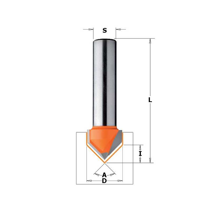 Fraises à rainurer en V (90°) - D : 12.7 - l : 12.7 - A : 90° - L : 44.5 - S : 6 - Rotation : DROITE