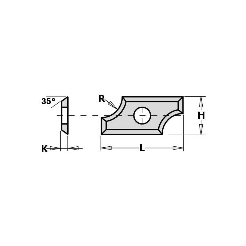 Plaquettes réversibles - 4 tranchants - F1730 - L : 19.5 - H : 9 - K : 1.5 - R : 2 - A : 35° Plaquettes réversibles - 4 tranchants - F1730 - L : 19.5 - H : 9 - K : 1.5 - R : 2 - A : 35°