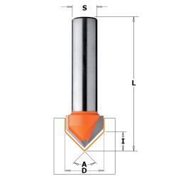 Fraises à rainurer en V (90°) - D : 12.7 - l : 12.7 - A : 90° - L : 44.5 - S : 6.35 - Rotation : DROITE