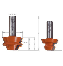 Jeux de fraises pour joints de 22,5° - D : 37.3 - l : 22.2 - A : 22.5° - T1 : 9.5 - 19 - L : 60.3 - S : 12.7 - Rotation : DROITE