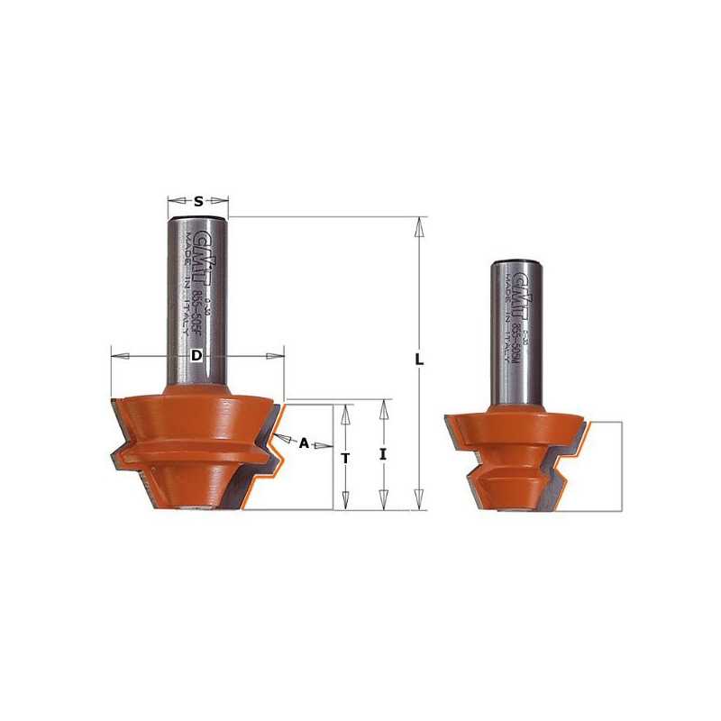 Jeux de fraises pour joints de 22,5° - D : 37.3 - l : 22.2 - A : 22.5° - T1 : 9.5 - 19 - L : 60.3 - S : 12.7 - Rotation : DROITE