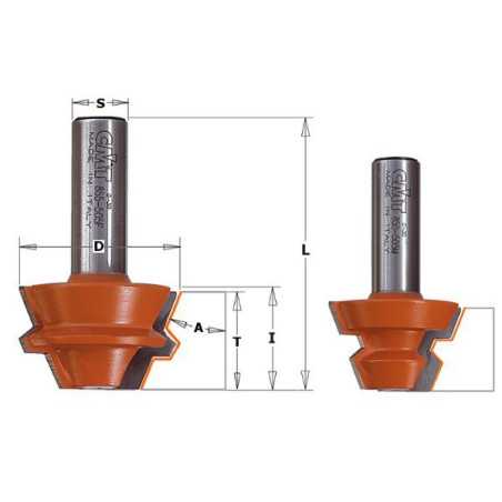 Jeux de fraises pour joints de 22,5° - D : 37.3 - l : 22.2 - A : 22.5° - T1 : 9.5 - 19 - L : 60.3 - S : 12.7 - Rotation : DROITE