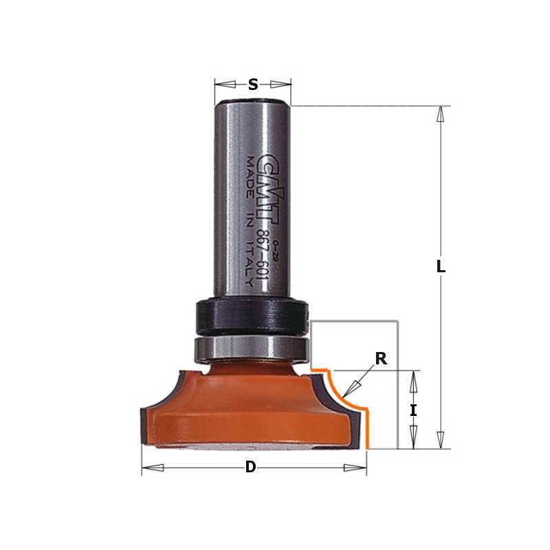 Fraise pour moulures décoratives à roulement - R : 6.35 - D : 38 - l : 12.5 - L : 57 - S : 12.7 - Rotation : DROITE