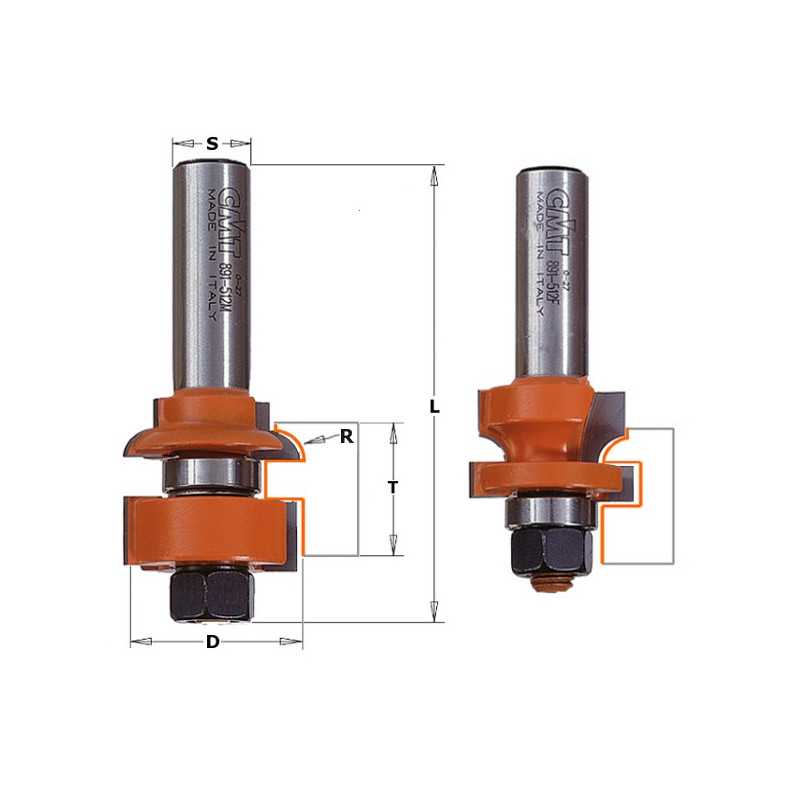 Jeux des fraises pour joints profil/contre-profil - D : 28.7 - T1 : 16 - 22 - R : 4.8 - L : 79.2 - S : 12.7 - Rotation : DROITE