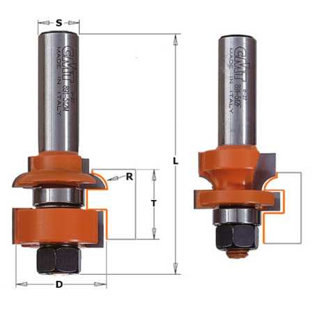 Jeux des fraises pour joints profil/contre-profil - D : 28.7 - T1 : 16 - 22 - R : 4.8 - L : 79.2 - S : 12.7 - Rotation : DROITE