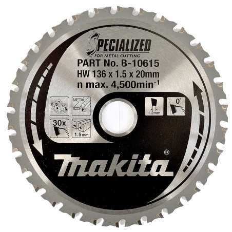Vente de Lame carb met-inox 136x20x30d acc.makita, numéro 24089 / makita-accessoires_B-10615 à 66,73 €HT soit 80,07 €TTC. 
