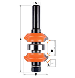 Fraises réglables pour profil double - D : 38.1 - T1 : 11.1-31.75 - R : 4.76 - L : 100 - A : 45° - S : 12 - Rotation : DROITE