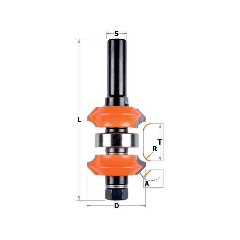 Fraises réglables pour profil double - D : 38.1 - T1 : 11.1-31.75 - R : 4.76 - L : 100 - A : 45° - S : 12 - Rotation : DROITE