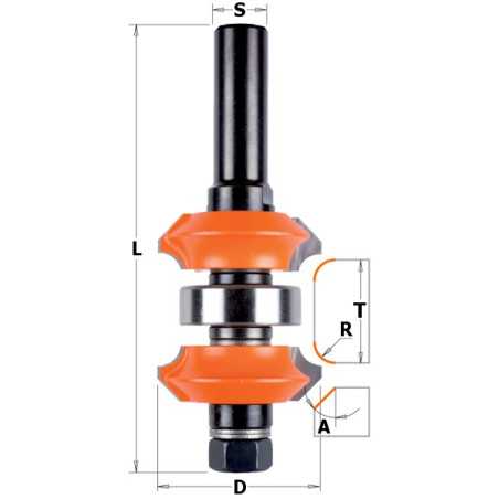 Fraises réglables pour profil double - D : 38.1 - T1 : 11.1-31.75 - R : 4.76 - L : 100 - A : 45° - S : 12 - Rotation : DROITE