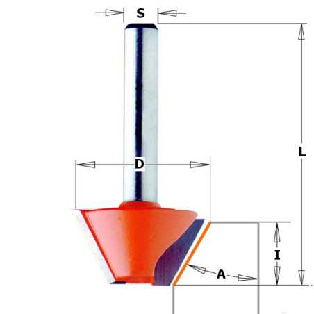 Fraises à chanfreiner - D : 25 - l : 8 - L : 41 - S : 8 - A : 45° - Rotation : DROITE