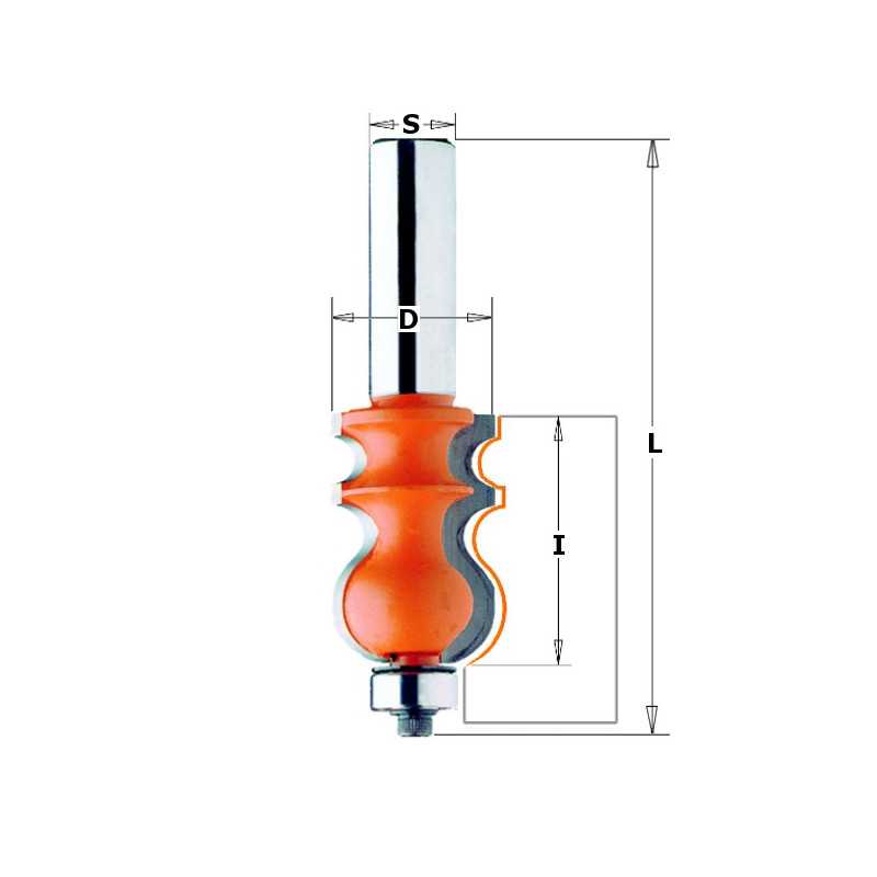 Fraise pour corniches à 2 coupes - Profil A - D : 23.8 - l : 35 - L : 83.8 - S : 12 - Rotation : DROITE