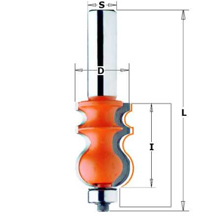 Fraise pour corniches à 2 coupes - Profil A - D : 23.8 - l : 35 - L : 83.8 - S : 12 - Rotation : DROITE