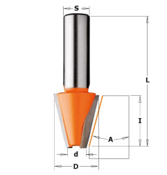 Vente de Fraises à chanfreiner pour matériaux composites - D : 23 - d : 9.52 - l : 25.4 - A : 15° - L : 63.5 - S : 12 - Rotation