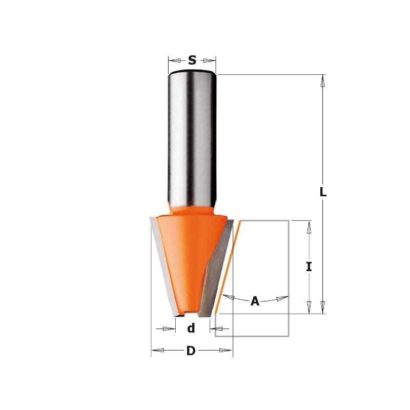 Fraises à chanfreiner pour matériaux composites - D : 23 - d : 9.52 - l : 25.4 - A : 15° - L : 63.5 - S : 12 - Rotation : DROITE