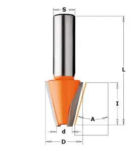 Vente de Fraises à chanfreiner pour matériaux composites - D : 23 - d : 9.52 - l : 25.4 - A : 15° - L : 63.5 - S : 12 - Rotation