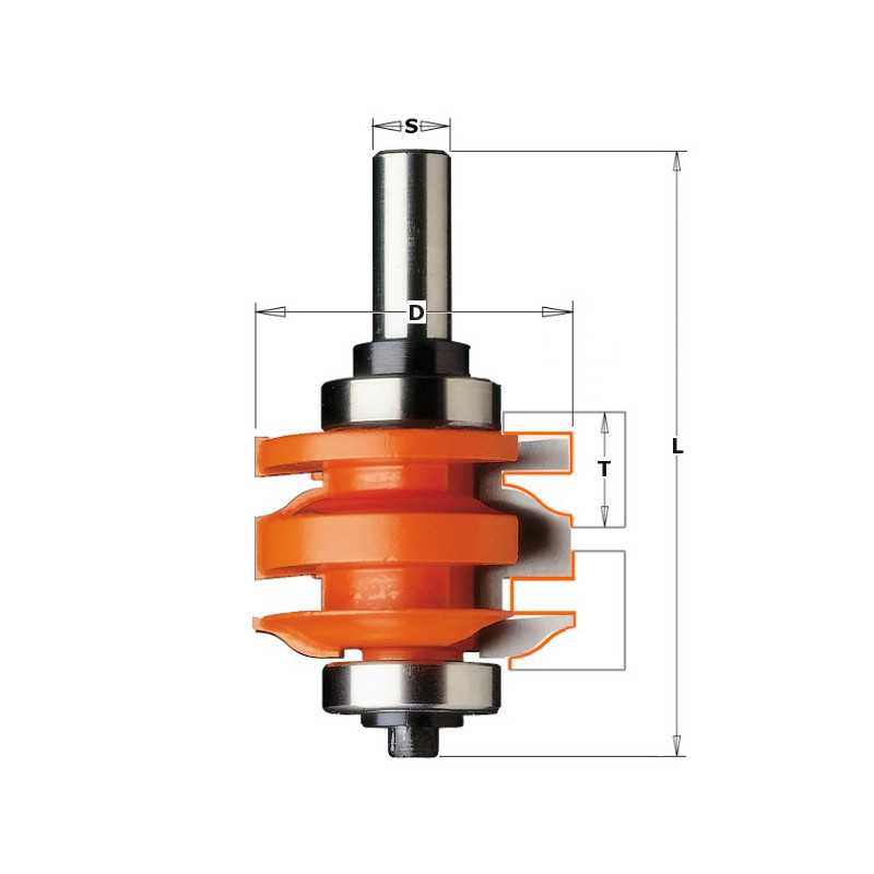 Jeux de fraises pour joints profil/contre-profil - Profil A - D : 50.87 - L : 96 - T1 : 18 - 22 - S : 12 - Rotation : DROITE