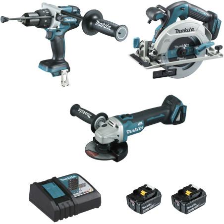 Ensemble de 3 machines 18 V Li-Ion 5 Ah (DHP481 + DGA506 + DHS680) Makita ref DLX3095PTJ