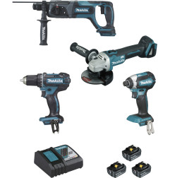 Ensemble de 4 machines 18 V Li-Ion 5 Ah  (DGA504 + DDF482 + DHR241 + DTD153) Makita ref DLX4080TX1