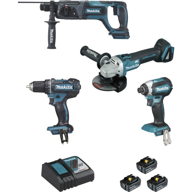 Ensemble de 4 machines 18 V Li-Ion 5 Ah  (DGA504 + DDF482 + DHR241 + DTD153) Makita ref DLX4080TX1