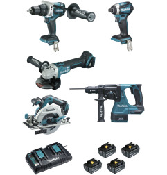 Ensemble de 5 machines 18 V Li-Ion 5 Ah (DTD154 + DGA506 + DHR243 + DHS680 + DHP481) Makita ref DLX5038PTJ
