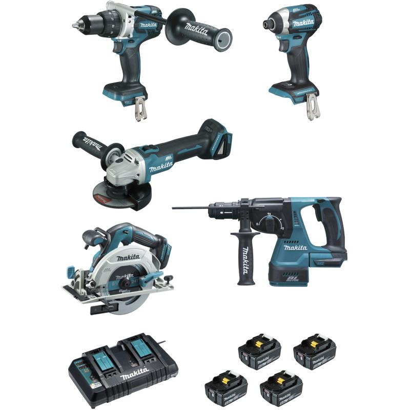 Ensemble de 5 machines 18 V Li-Ion 5 Ah  (DTD154 + DGA506 + DHR243 + DHS680 + DHP481) Makita ref DLX5038PTJ