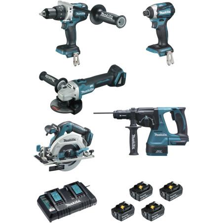 Ensemble de 5 machines 18 V Li-Ion 5 Ah (DTD154 + DGA506 + DHR243 + DHS680 + DHP481) Makita ref DLX5038PTJ
