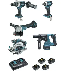 Ensemble de 5 machines 18 V Li-Ion 5 Ah (DTD154 + DGA506 + DHR243 + DHS680 + DHP481) Makita ref DLX5038PTJ