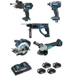 Ensemble de 5 machines 18 V Li-Ion 5 Ah (DHP458 + DTD152 + DGA504 + DHR202 + DSS610) Makita ref DLX5039PTJ