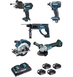 Ensemble de 5 machines 18 V Li-Ion 5 Ah  (DHP458 + DTD152 + DGA504 + DHR202 + DSS610) Makita ref DLX5039PTJ