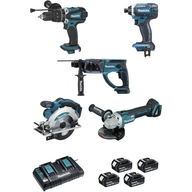 Ensemble de 5 machines 18 V Li-Ion 5 Ah  (DHP458 + DTD152 + DGA504 + DHR202 + DSS610) Makita ref DLX5039PTJ