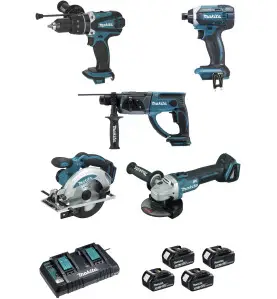 Ensemble de 5 machines 18 V Li-Ion 5 Ah (DHP458 + DTD152 + DGA504 + DHR202 + DSS610) Makita ref DLX5039PTJ