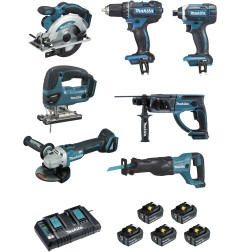 Ensemble de 7 machines  (DDF482 + DTD152 + DGA504 + DSS610 + DHR202 + DJR186 + DJV180) Makita ref DLX7013PT1