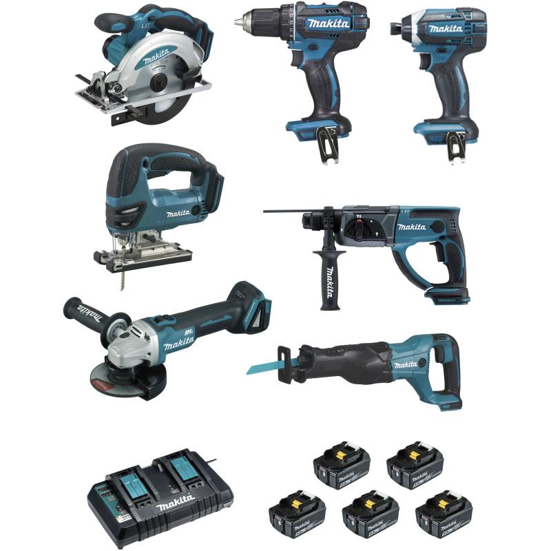 Ensemble de 7 machines  (DDF482 + DTD152 + DGA504 + DSS610 + DHR202 + DJR186 + DJV180) Makita ref DLX7013PT1