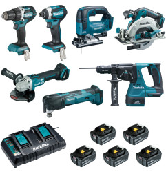 Ensemble de 7 machines  (DDF484 + DTD154 + DGA506 + DHS680 + DHR243 + DTM51 + DJV182) Makita ref DLX7014PTJ