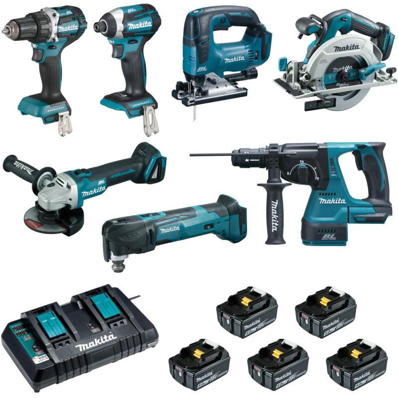 Ensemble de 7 machines  (DDF484 + DTD154 + DGA506 + DHS680 + DHR243 + DTM51 + DJV182) Makita ref DLX7014PTJ