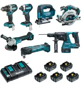 Ensemble de 7 machines (DDF484 + DTD154 + DGA506 + DHS680 + DHR243 + DTM51 + DJV182) Makita ref DLX7014PTJ
